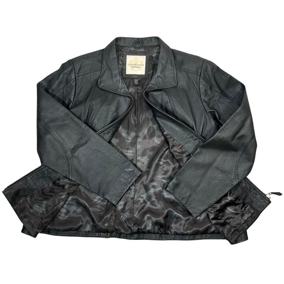 Genuine Leather Jacket Plus 16-18W Black Full Zip Lined Minimalist Patina Retro - Picture 6 of 15